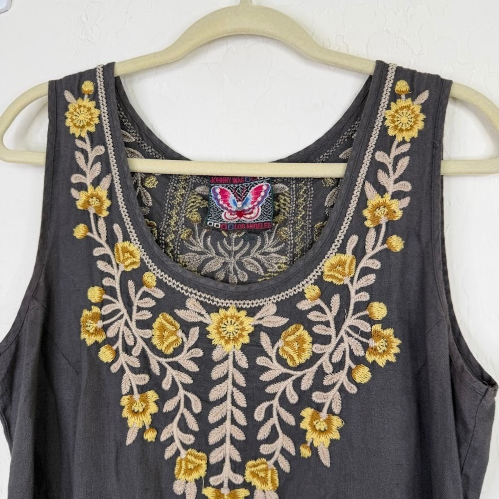 Johnny Was Embroidered Floral Linen Tank Dress Gray Boho Cottagecore Size Medium - Picture 2 of 12